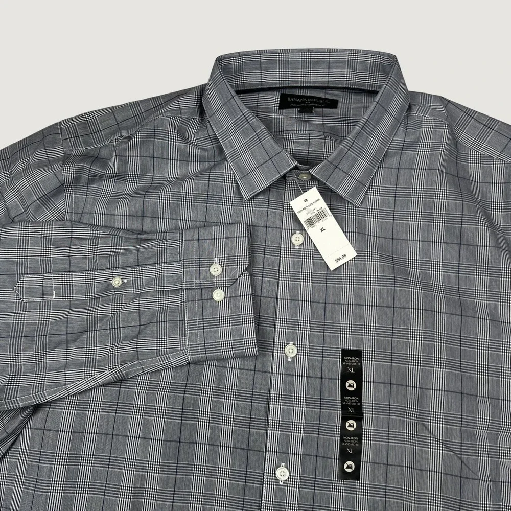 Banana Republic Mens XL Non-Iron Standard Fit Shirt Grey Blue Glen Plaid NWT